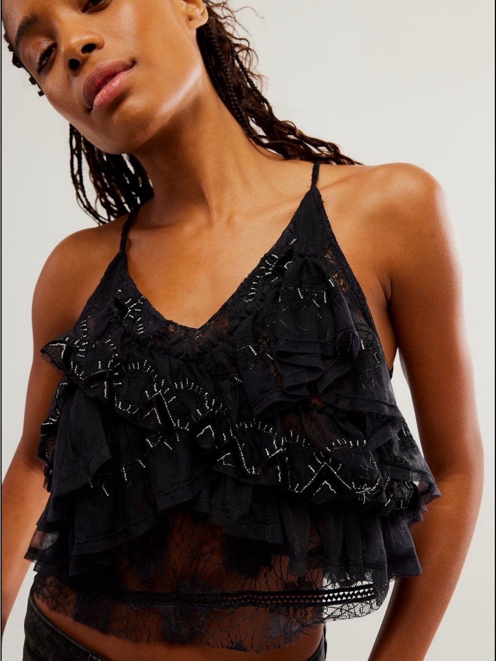 Free people, Black Lace Ruffle Camisole Tank Top - Women. Retail price $65